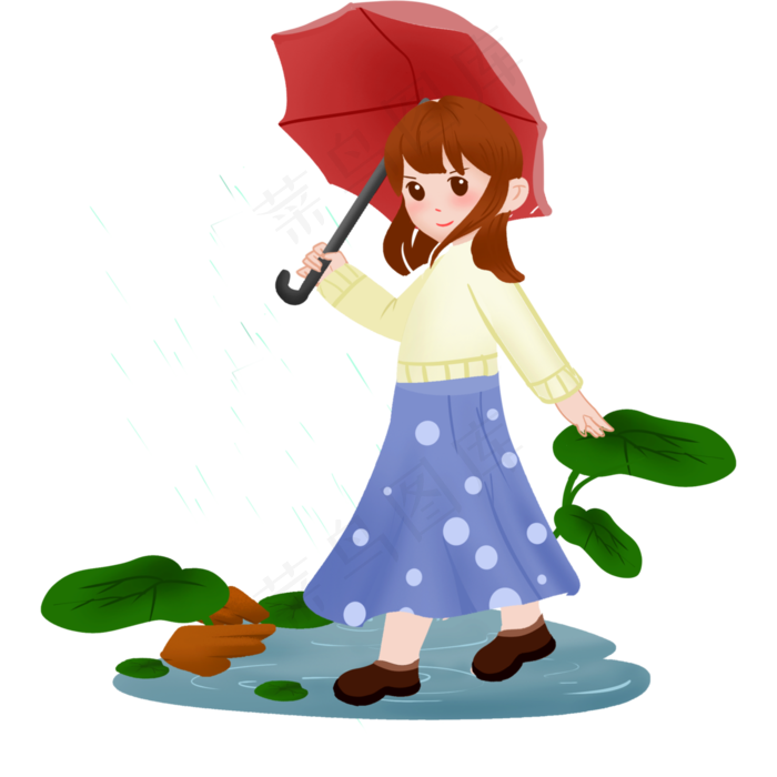 春天雨水节气春雨女孩打伞,免抠元素