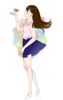 夏至赏花卡通女孩