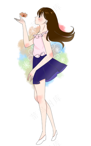 夏至赏花卡通女孩