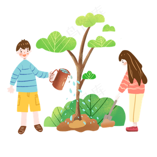 卡通手绘男孩和女孩开心植树