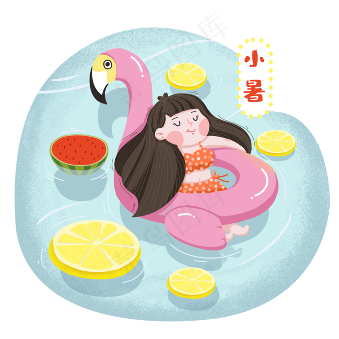 卡通女生悠闲的躺在游泳圈里