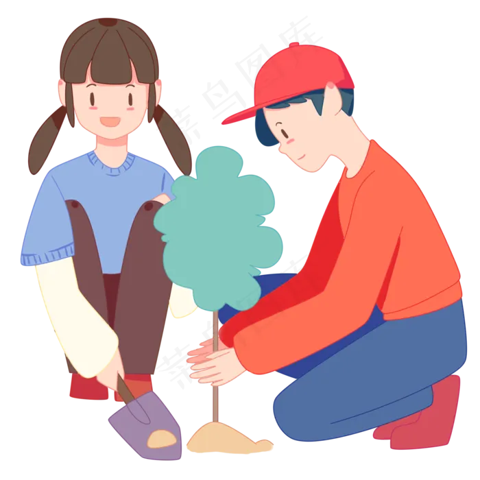 手绘植树节男孩和女孩开心植树