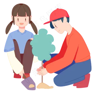 手绘植树节男孩和女孩开心植树