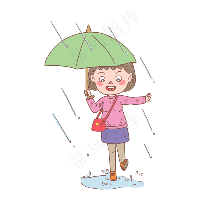 卡通手绘人物雨天玩耍女孩,免抠元素(3000X3000(DPI:300))psd模版下载