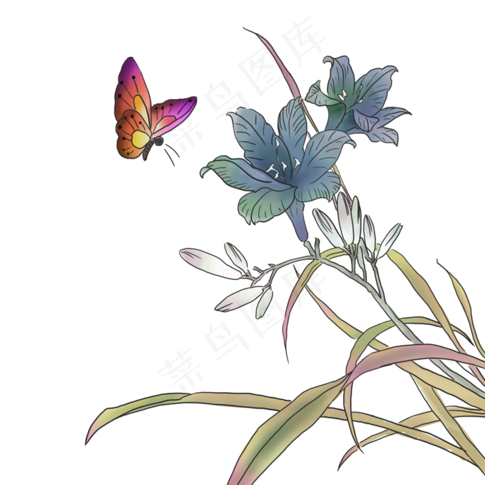 中国水墨蝶恋花国画工笔花鸟PNG鸢,免抠元素