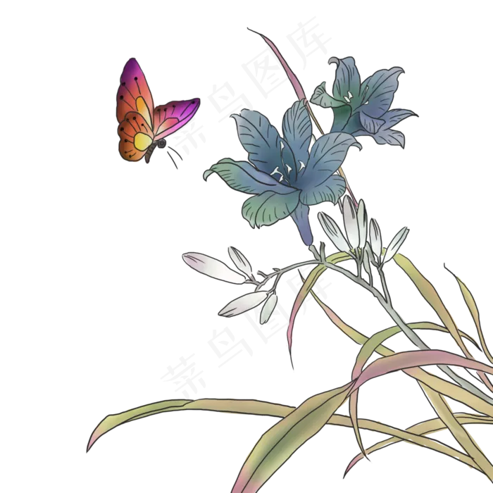 中国水墨蝶恋花国画工笔花鸟PNG鸢,免抠元素(3000X3000(DPI:300))psd模版下载