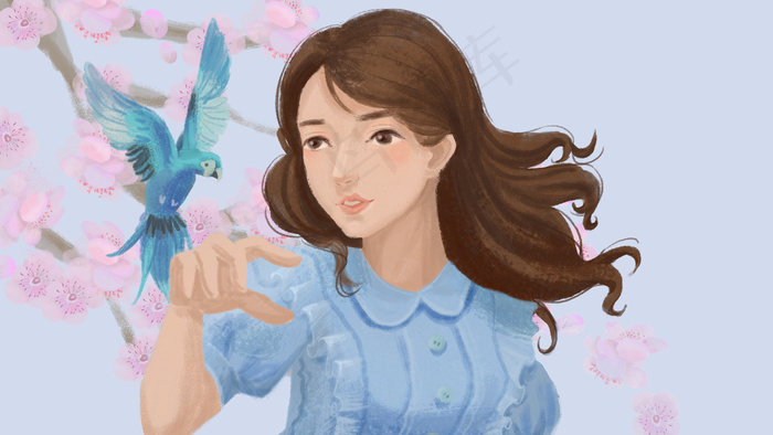 春天 肌理 花与少女 女孩逗鸟