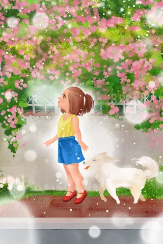 六一儿童节蔷薇花墙下的小女孩