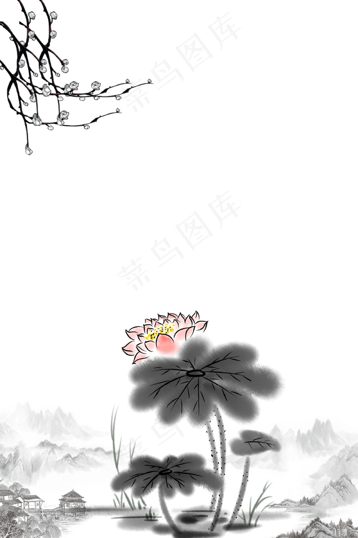 复古水墨荷花工笔画高清背景