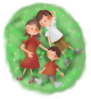 草地上睡觉的一家人