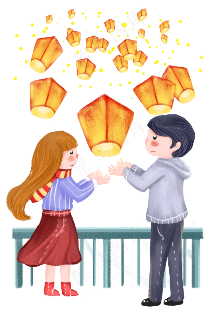 元宵节放孔明灯的情侣,免抠元素