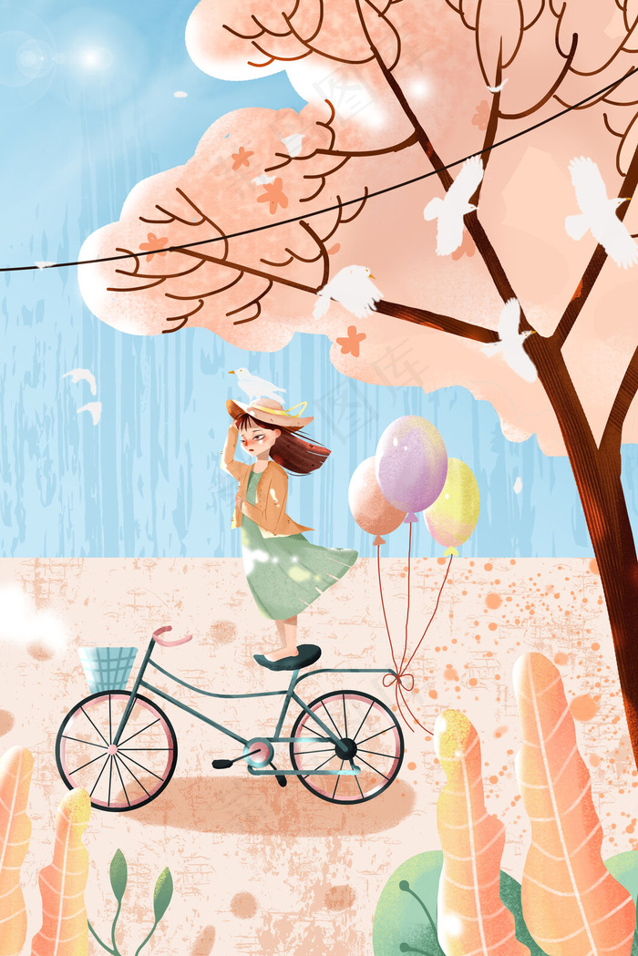 51劳动节少女旅游旅行风景粉色卡通插画