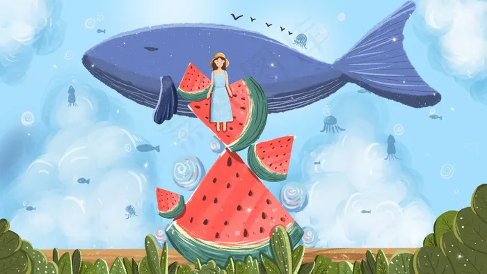 夏天夏季云朵海洋植物动物(2880*1620px 300 dpi )psd模版下载