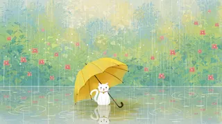 雨水节气之雨伞与猫治愈系场景