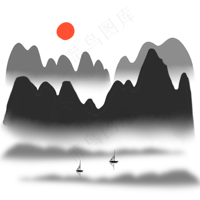 水墨山水与红太阳(2480X2480(DPI:299))psd模版下载