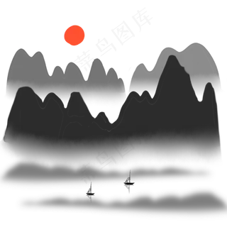 水墨山水与红太阳