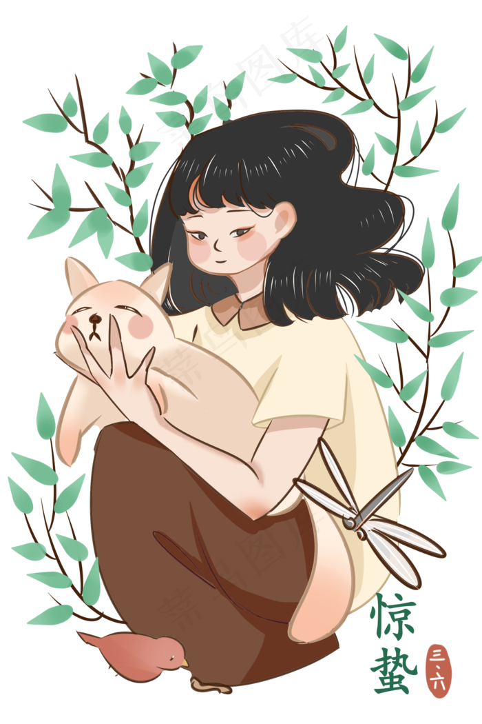 惊蛰节气猫咪插画,免抠元素