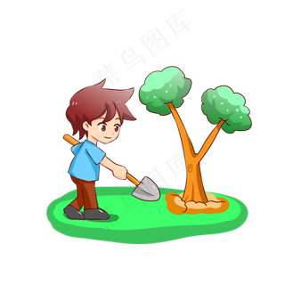 植树节卡通手绘小男孩植树矢量图