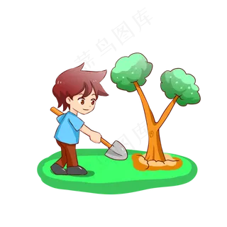 植树节卡通手绘小男孩植树矢量图