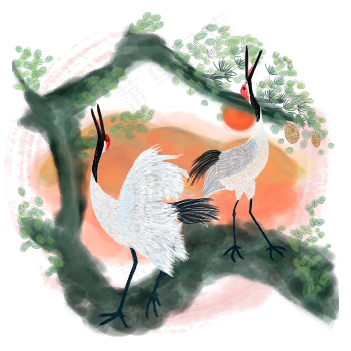 中国风水彩水墨松鹤延年手绘免抠(2000X2000(DPI:300))psd模版下载