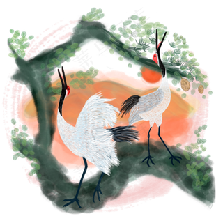 中国风水彩水墨松鹤延年手绘免抠