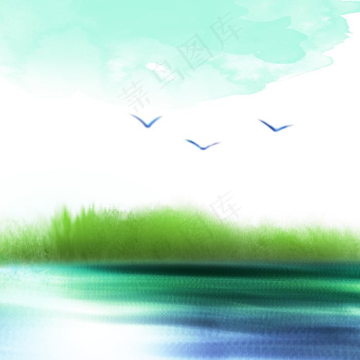 中国风漂亮的水彩山水画蓝绿美术(2000X2000(DPI:72))psd模版下载
