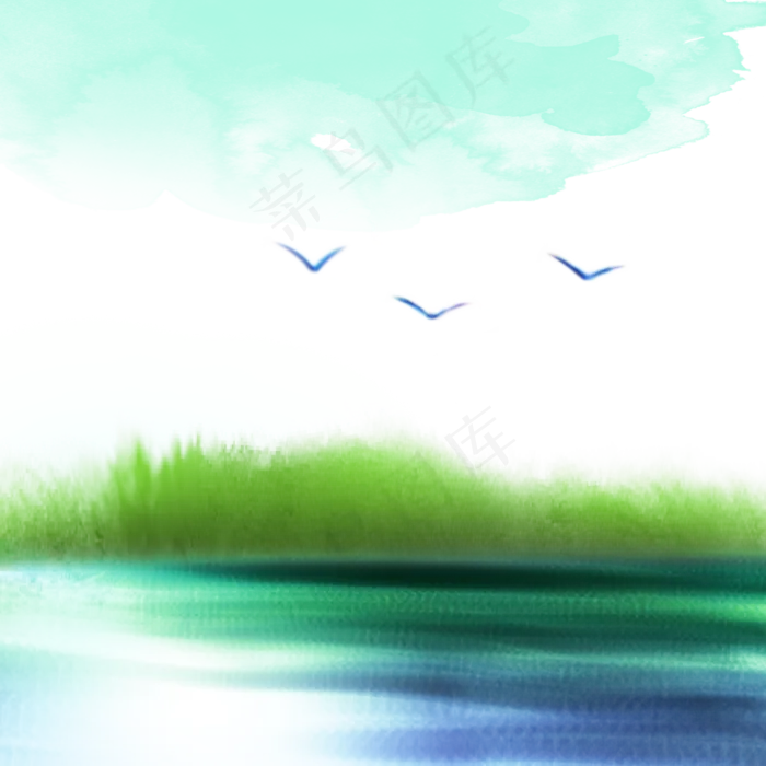 中国风漂亮的水彩山水画蓝绿美术(2000X2000(DPI:72))psd模版下载