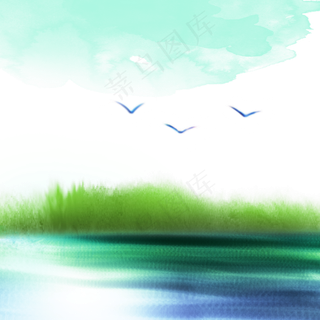 中国风漂亮的水彩山水画蓝绿美术