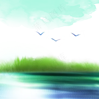 中国风漂亮的水彩山水画蓝绿美术