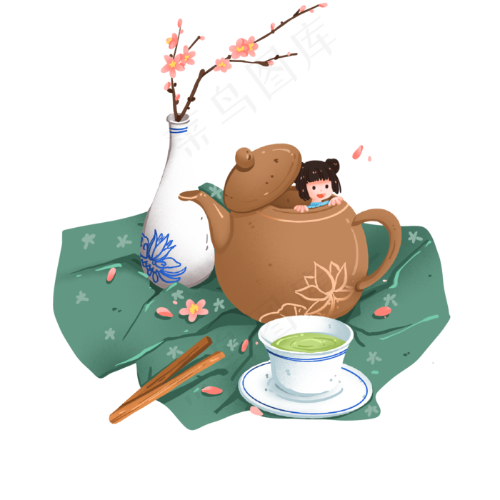 清明节可爱的茶饮茶具免抠元素(2000X2000(DPI:300))psd模版下载