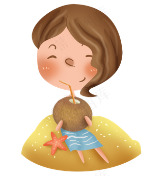 夏天沙滩晒太阳喝椰汁的女孩