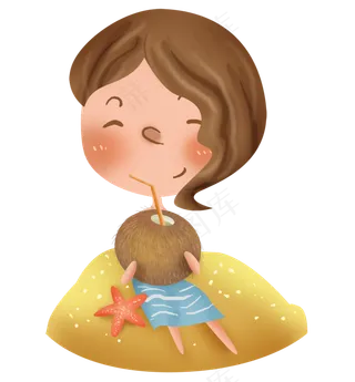 夏天沙滩晒太阳喝椰汁的女孩