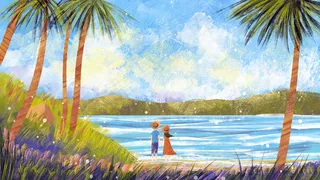 夏日情侣海边度假油画风景