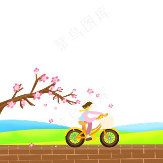 装饰边框樱花落英骑车PNG春天
