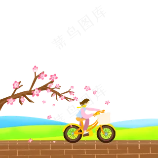 装饰边框樱花落英骑车PNG春天