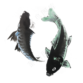 中国风水墨双鱼手绘,免抠元素