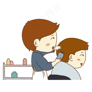 手绘卡通剪头发的师傅,免抠元素