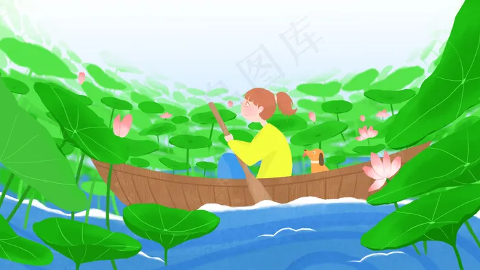 夏日划船出游赏荷花(2880X1620(DPI:72))psd模版下载