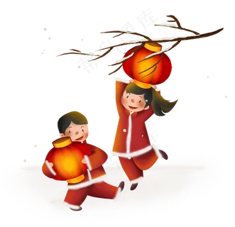 新年树下拿灯笼的儿童,免抠元素