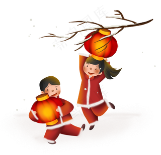 新年树下拿灯笼的儿童,免抠元素