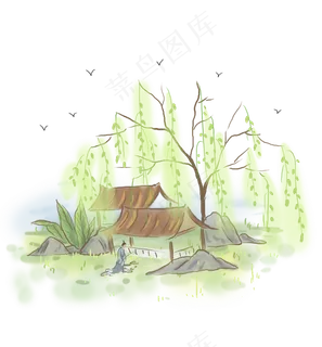 中国风春天折柳游湖的人,免抠元素