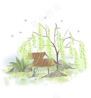 中国风春天折柳游湖的人,免抠元素