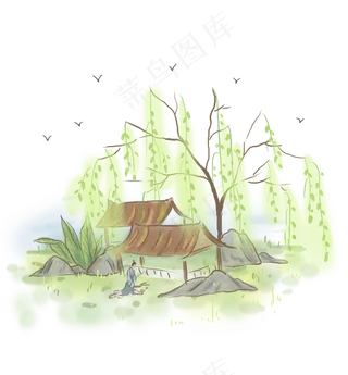 中国风春天折柳游湖的人,免抠元素