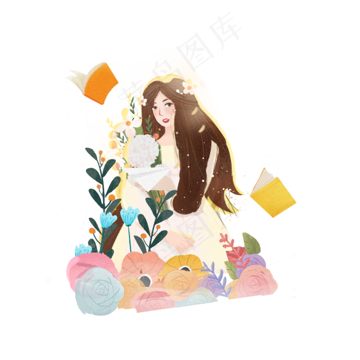 教师节少女抱着花束素材(2000X2000(DPI:300))psd模版下载