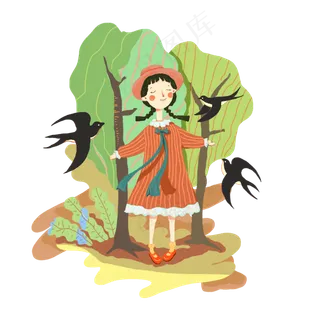 少女春天燕子春天春光PNG温暖郊游,免抠元素