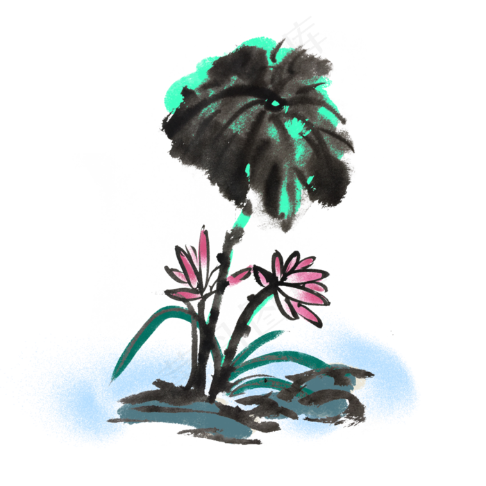荷花荷叶水墨手绘风(4000X4000(DPI:300))psd模版下载