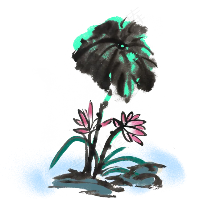 荷花荷叶水墨手绘风(4000X4000(DPI:300))psd模版下载