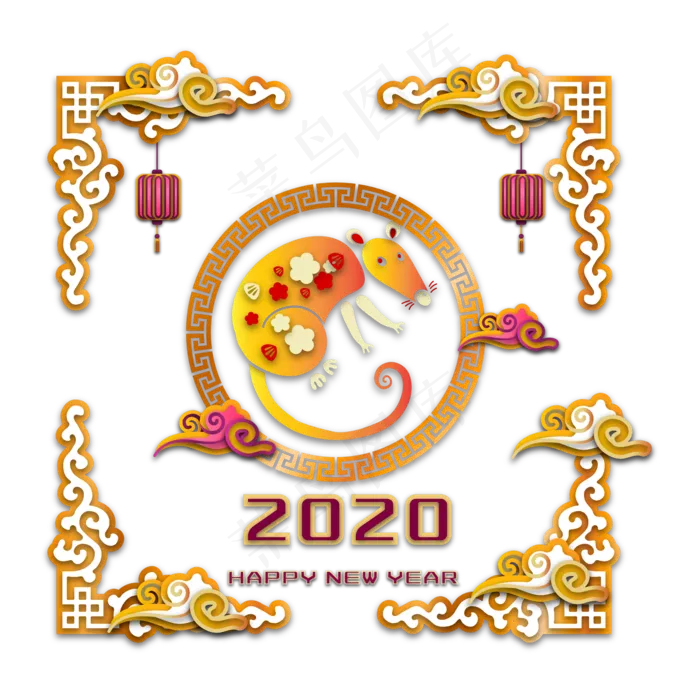 2020年鼠年新年剪纸边框装饰,免抠元素(2000*2000px 300 dpi )ai矢量模版下载