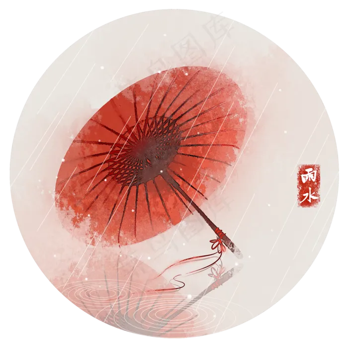 雨雾红伞中式风格水墨PNG素材,免抠元素