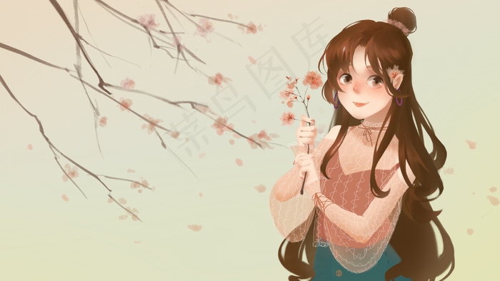 卡通手绘清新浪漫唯美春天粉樱花与文艺少女